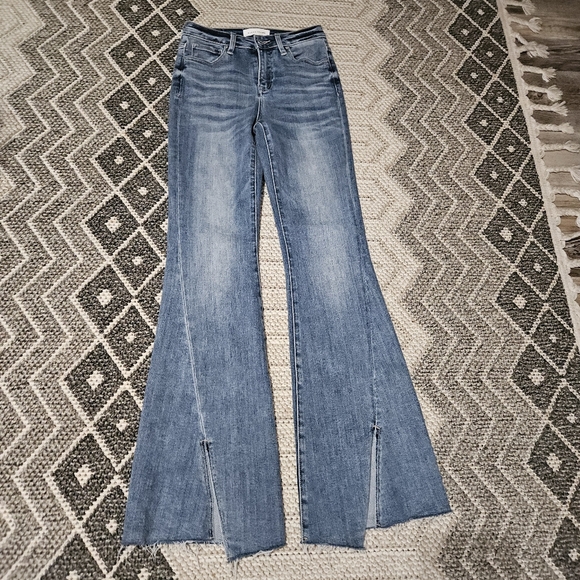 Risen Jeans High Rise Vintage Inspired Bell Bottom Distressed Split Hem 0 24 - Picture 3 of 17